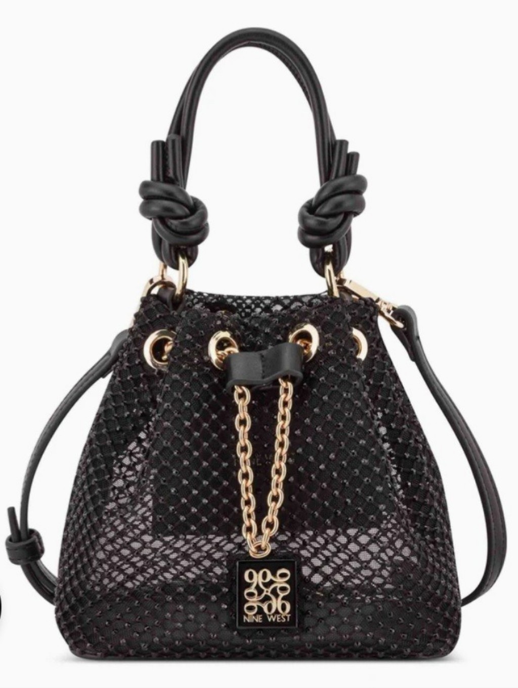 Nine West Black Sequin Knotted-Handle Drawstring Mini Bucket Bag